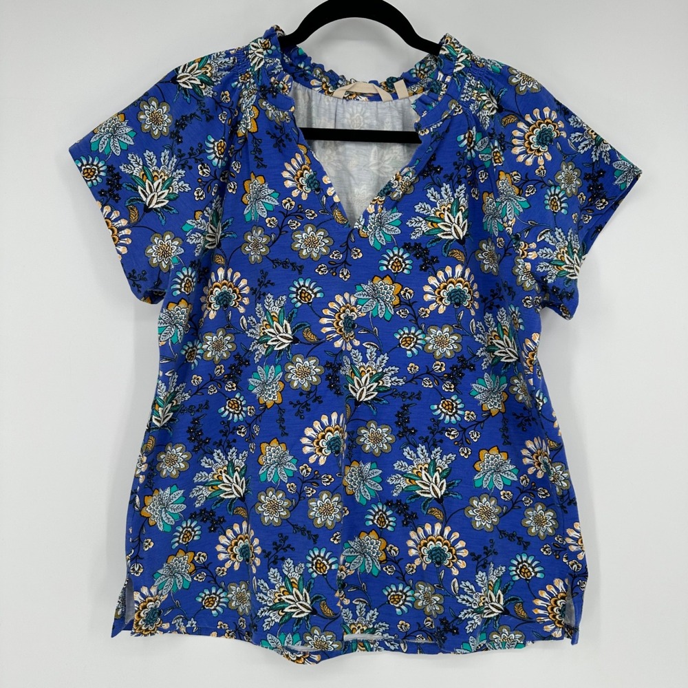Soft Surroundings Blue Floral Print Split Ruffle Neck Blouse Boho L
